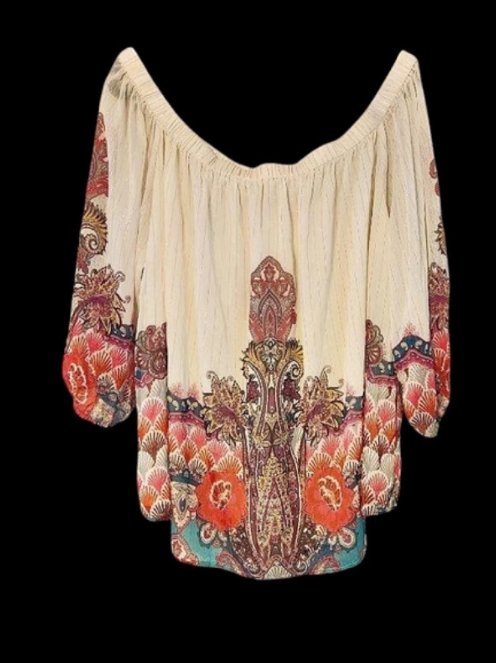 CAbi Floral Blouse in Cream & Red Like New